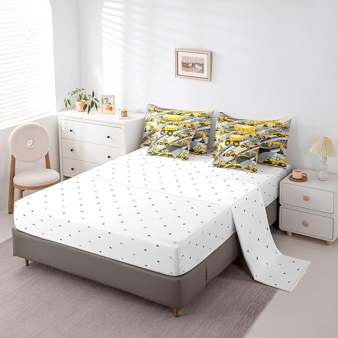 Feelyou Boys Construction Comforter Set Twin Size 7 Pcs Kids Construction Site Cars Comforter Bed in a Bag Trucks Excavators Bedding Set Child Tractors Bed Set with Sheets, Pillowcases, Pillow Covers