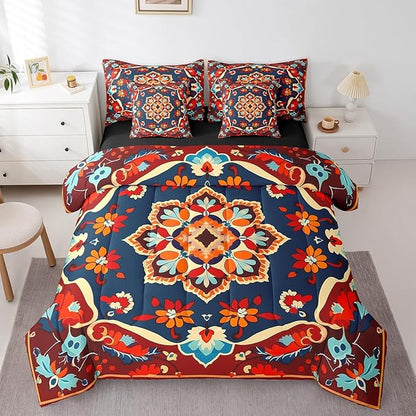 Oriental Bed in a Bag Vintage Bedding Full Size 7pcs, Art Deco Floral Comforter Set Boho Tribal Bedding Comforter Sets Traditional Aesthetic Bedding Accessories, Hippie Paisley Mandala Decor Red