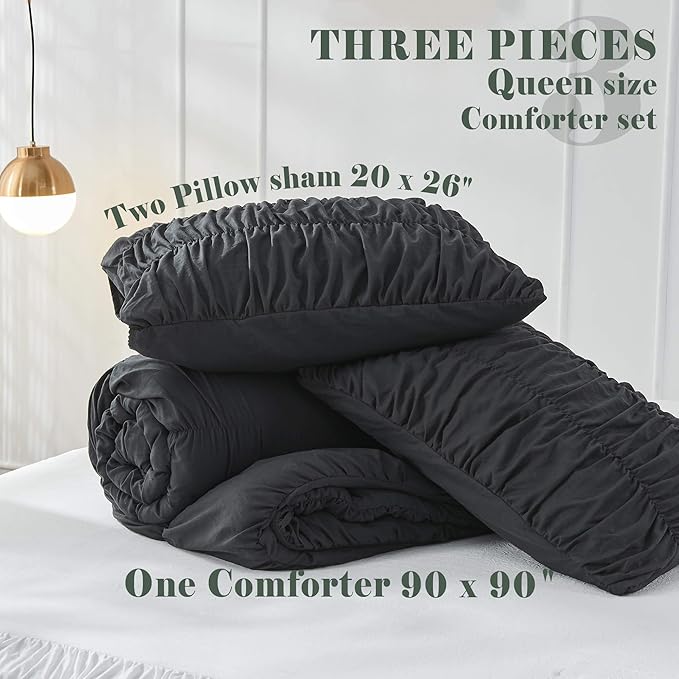 Bonlino Queen Comforter Set - Black Boho Shabby Chic Bedding for Bedroom - Fluffy 3 Piece Ruffle Comforter Set with Pillow