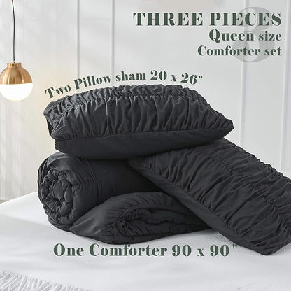 Bonlino Queen Comforter Set - Black Boho Shabby Chic Bedding for Bedroom - Fluffy 3 Piece Ruffle Comforter Set with Pillow