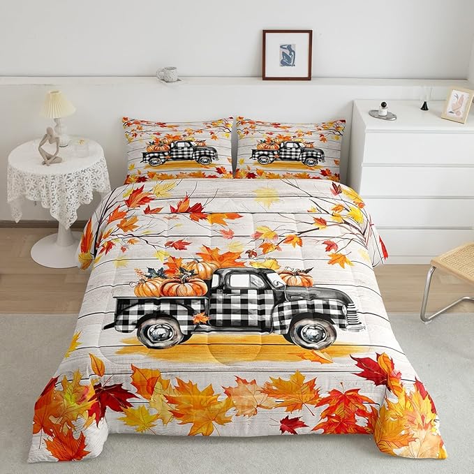Fall Plaid Pumpkin Truck Bedding Set For Home Full,Rustic Farmhouse Barn Door Comforter Set Autumn Harvest Thanksgiving Comforter Gifts For Kids,Red Gold Watercolor Maple Leaf Retro Quilt Duvet 3 Pcs