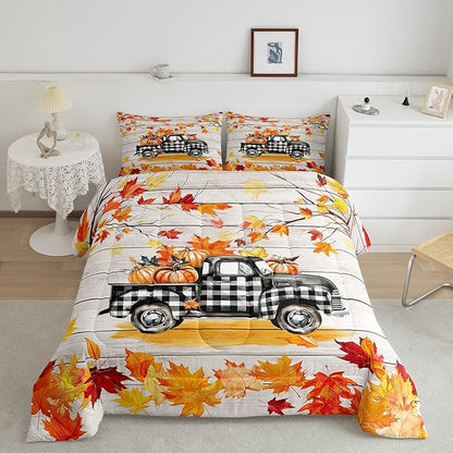Fall Plaid Pumpkin Truck Bedding Set For Home Twin,Rustic Farmhouse Barn Door Comforter Set Autumn Harvest Thanksgiving Comforter Gifts For Kids,Red Gold Watercolor Maple Leaf Retro Quilt Duvet 2 Pcs