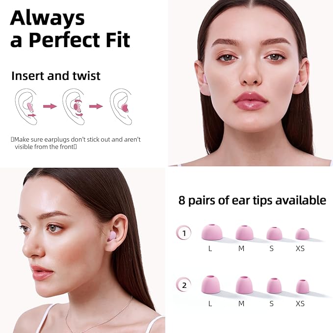 45dB Ear Plugs for Sleeping Noise Cancelling, Noise Reduction Earplugs for Sleep, Snoring, Reusable Noise Cancelling Ear Plugs for Concerts, Work, Airplane, Silicone Sleep Earplugs with 8 Tips Pink