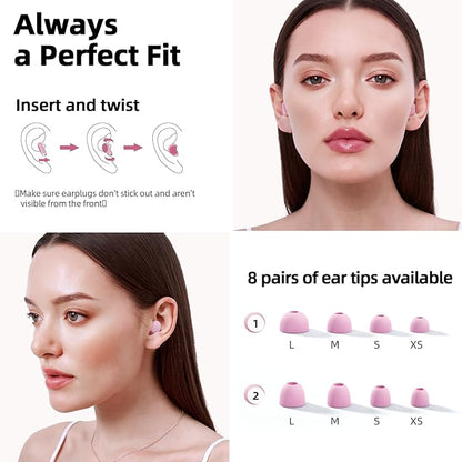 45dB Ear Plugs for Sleeping Noise Cancelling, Noise Reduction Earplugs for Sleep, Snoring, Reusable Noise Cancelling Ear Plugs for Concerts, Work, Airplane, Silicone Sleep Earplugs with 8 Tips Pink