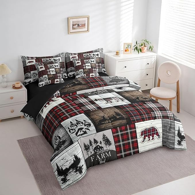 Erosebridal 7 Piece Bear Comforter Set for Teens Boys Girls Buffalo Plaid Check Bedding Sets for Cabin Camping Wild Animal Elk Deer Bed in a Bag Red Christmas Stripes Hunting Theme Quilt,Full