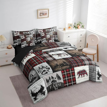 Erosebridal 7 Piece Bear Comforter Set for Teens Boys Girls Buffalo Plaid Check Bedding Sets for Cabin Camping Wild Animal Elk Deer Bed in a Bag Red Christmas Stripes Hunting Theme Quilt,Full