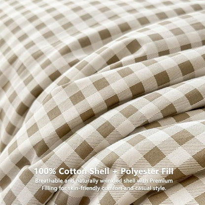 NSNLGSGC Tan Gingham Cotton Comforter Set King, 100% Washed Cotton Taupe Plaid Checked Comforter Bedding, 3 Pieces Vintage Farmhouse Grid Bedding Set(Tan Gingham, King)