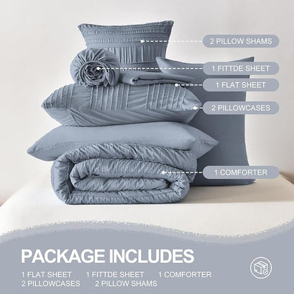 Blue Tufted Comforter Set Queen Size 7 Piece Bed in a Bag，Shabby Chic Boho Bedding for Bedroom Comforter，All Season Soft Microfiber Ruffle Comforter Set with Pillow and Sheets