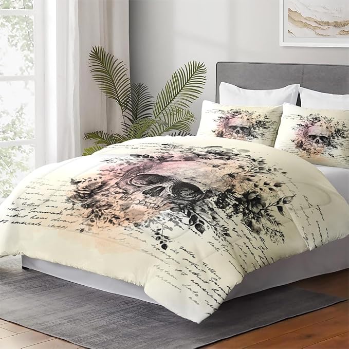 King Size Comforter Set with 2 Pillowcases, Rock Goth 3 Pcs Bedding for Adults, Retro Gothic Soft Comforter Set for Bedroom Bed Decor