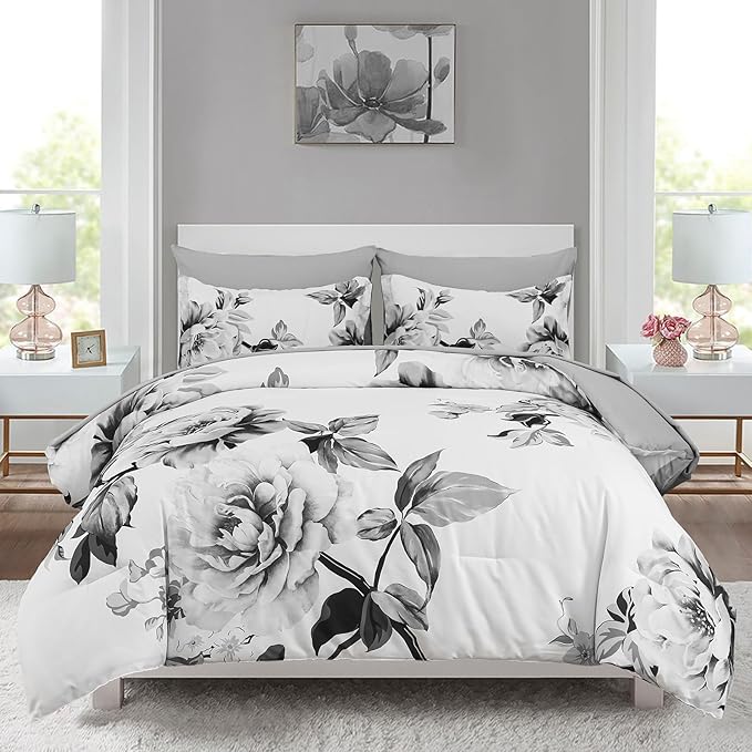 Drucon Grey Floral Comforter Set King 7 Pieces Bed in a Bag Botanical Floral Comforter Soft Microfiber Grey Bedding Set King Size Bed with Sheet and Pillowcase