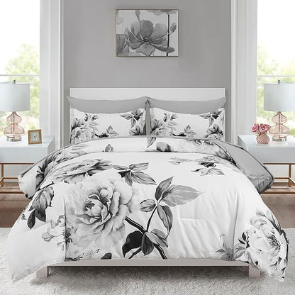 Drucon Grey Floral Comforter Set King 7 Pieces Bed in a Bag Botanical Floral Comforter Soft Microfiber Grey Bedding Set King Size Bed with Sheet and Pillowcase