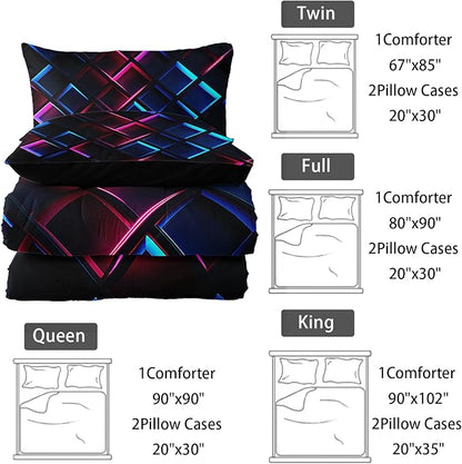 Blue Black Geometric Comforter Set Full Size 3D Stereoscopic Square Bedding Set Honeycomb Bedding Set 3 Piece Modern Style Geometry Decor,Microfiber LightweightWith 2 Pillowcases