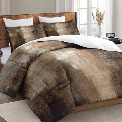 Full Size Comforter Set with 2 Pillowcases, Brown Grey Painting 3 Pcs Bedding for Kids and Adults, Beige Contemporary Soft Comforter Set for Bedroom Bed Decor