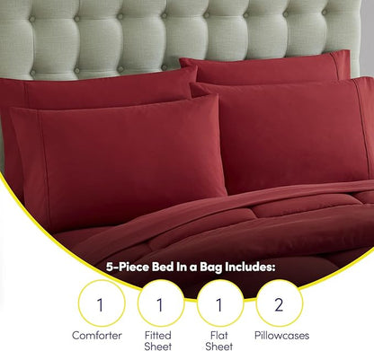 Sweet Home Collection 5 Piece Comforter Set Bag Solid Color All Season Soft Down Alternative Blanket & Luxurious Microfiber Bed Sheets, Red, Twin (Pack of 4)