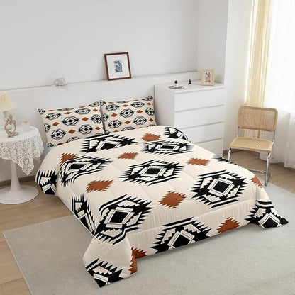 Erosebridal Western Aztec Quilt Comforter Rustic Boho Abstract Geometric Bedding Set Full,Southwestern Cowboy Comforter Set for Kids Adults Southwest Tribal Bohemian Bed Set 2 Pillow Cases