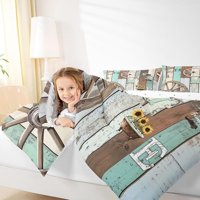 Western Rustic Comforter Twin Farmhouse Cabin Quilt Bedding Set For Kids Adult Men Women,Farm Animal Sunflower Wheel Comforter Set Retro Barn Door Windmill Duvet Blue Green Home Room Decor 2 Pcs
