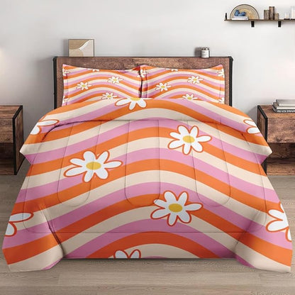 Comforter Set Full Size, Daisy Retro Orange Soft 3 Pcs Bedding for Kids and Adults, Pink Hippie Aesthetic Comforter Set with 2 Pillowcases, for Bedroom Bed Decor