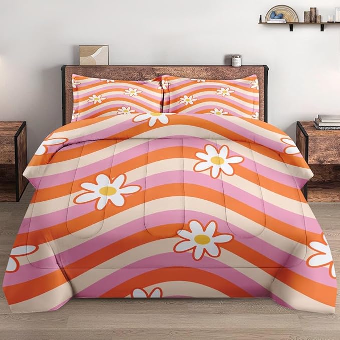 Comforter Set Queen Size, Daisy Retro Orange Soft 3 Pcs Bedding for Kids and Adults, Pink Hippie Aesthetic Comforter Set with 2 Pillowcases, for Bedroom Bed Decor