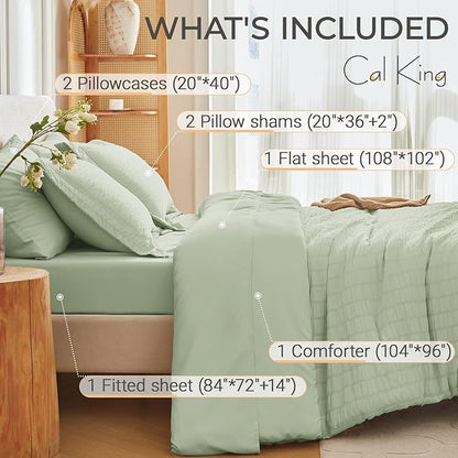 MUXHOMO 7 Pieces California King Comforter Set, Seersucker Bed in a Bag Cal King Size, All Season Luxury Bedding Set with Comforter, Flat Sheet, Fitted Sheet, Pillowcases & Shams, Light Green