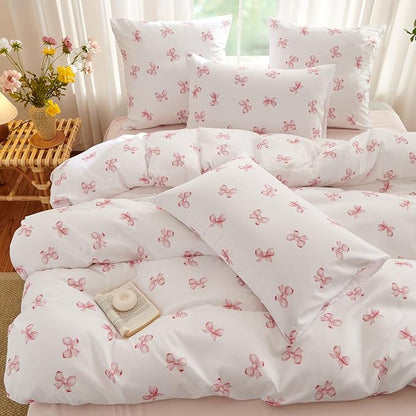 White Comforter Set Full Size - Pink Bow Quilt Bedding Set 3 Pieces, Comforter Set Full, Soft & Lightweight Comforter(79‘’ x 90‘’) for Girl All Season & 2 Pillowcases(30‘’x20‘’)