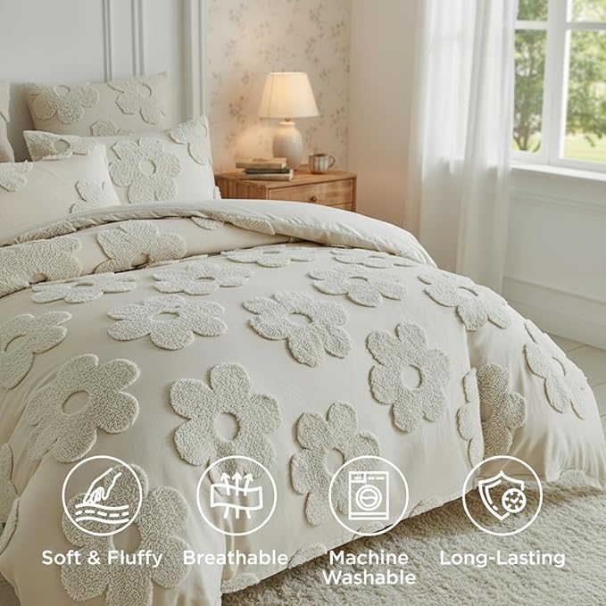 Frienda Spring Floral Queen Comforter Cover Set for Girls Women 3 Pcs Tufted Khaki Floral Bedding Set Embroidery Boho Warm Tufted Bedding Include 1 Comforter Cover 2 Pillow Case for Home Gift