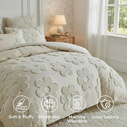 Frienda Spring Floral Queen Comforter Cover Set for Girls Women 3 Pcs Tufted Khaki Floral Bedding Set Embroidery Boho Warm Tufted Bedding Include 1 Comforter Cover 2 Pillow Case for Home Gift
