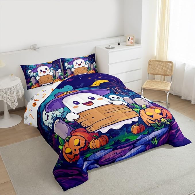 Erosebridal Kids Halloween Queen Comforter Set, Cute Ghost Bedding Set Spooky Halloween Decor Comforter for Boys Girls Teens Youth Adults Bedroom, Pumpkin Lantern Cartoon Graveyard Gothic Quilt