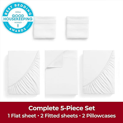 Mellanni Extra Deep Split King Sheets - 5 PC Iconic Collection Bedding - Hotel Luxury, Ultra Soft, Cooling Bed Sheets - Wrinkle, Fade, Stain Resistant (Split King, White)
