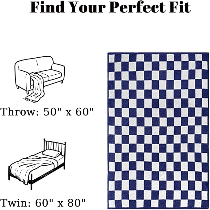 MorroMorn Checkered Throw Blanket for Couch, 2-Layers Soft Cozy Fleece Plaid Blankets Checkerboard Grid - Fluffy Fuzzy Plush Warm for Sofa Chair Bed Home Decor Gifts (Navy Blue, Throw 50"x60")