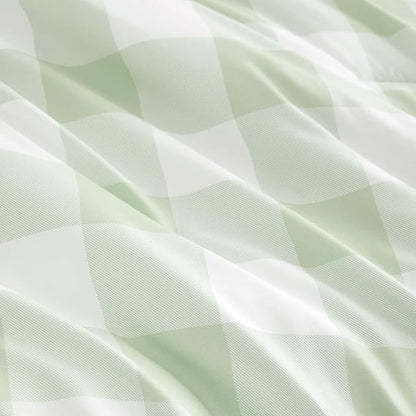 Wake In Cloud - Gingham Comforter Set, Plaid Buffalo Check Checkered Cottagecore Cute Geometric, Soft Lightweight Bedding, 3 Pieces, Sage Green, Full Size