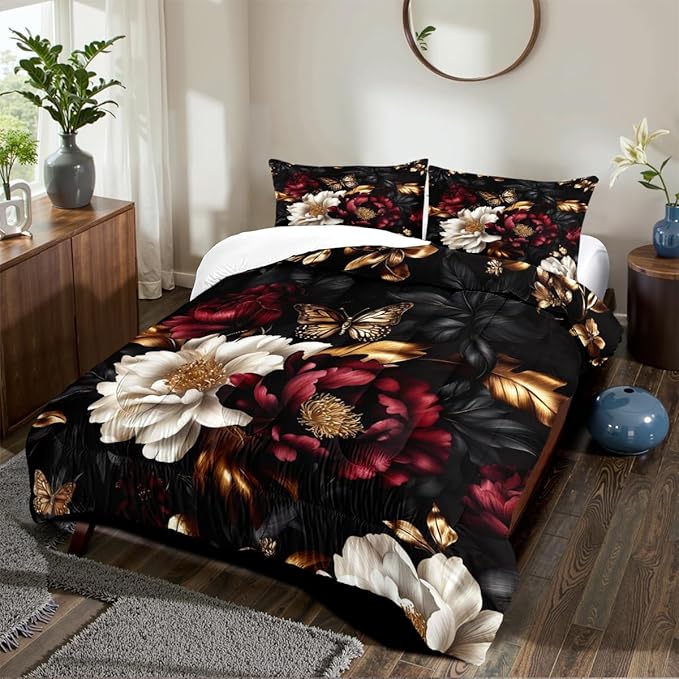 Black Floral Comforter Set Queen Size 3 Pieces Farmhouse Botanical Flower Bedding Set Modern Aesthetic Bedding Soft Lightweight Down Alternative Comforter Sets with 2 Pillowcases