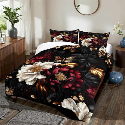 Black Floral Comforter Set Queen Size 3 Pieces Farmhouse Botanical Flower Bedding Set Modern Aesthetic Bedding Soft Lightweight Down Alternative Comforter Sets with 2 Pillowcases