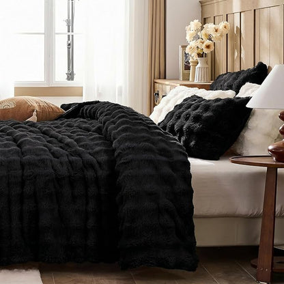 Lotus Karen Faux Fur Full Comforter Set, Black Fluffy Big Bubble Faux Rabbit Fur Winter Comforter Sets, Warm Cozy Fuzzy Bed Set 3 Pieces, 1 Comforter and 2 Pillowcases