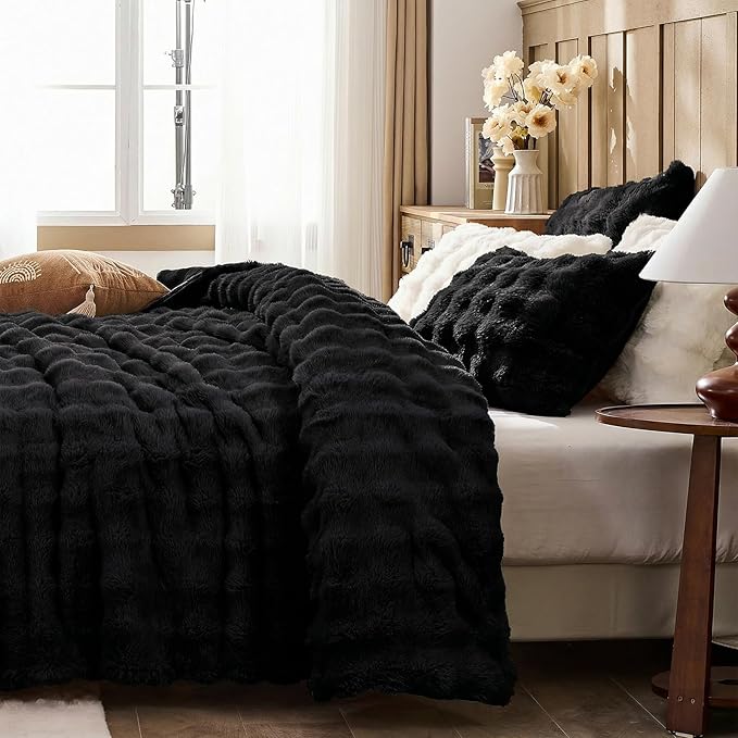 Lotus Karen Faux Fur Comforter Set Queen – Black Fluffy Big Bubble Faux Rabbit Fur Winter Comforter Sets, Warm Cozy Fuzzy Bed Set 3 Pieces, 1 Comforter and 2 Pillowcases