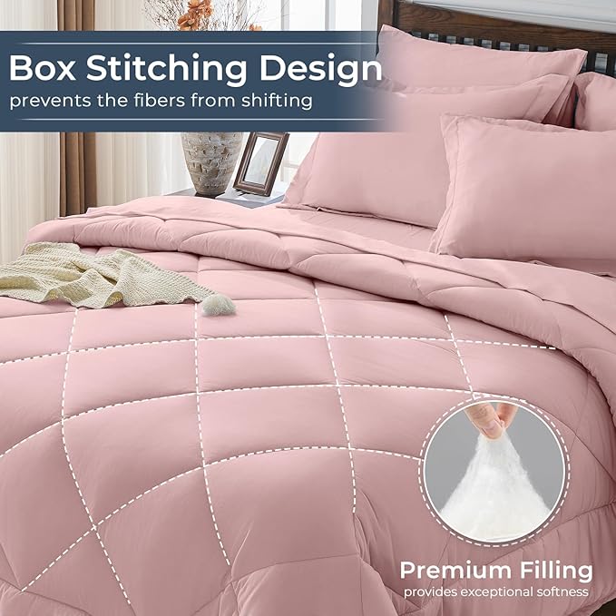 HEVUMYI Dusty Pink Twin-XL Comforter Set - 5-Piece All Season Bed in a Bag Twin-XL, Ultra Soft Bedding Set with Comforter, Flat Sheet, Fitted Sheet, Pillowcases, Pillow Shams