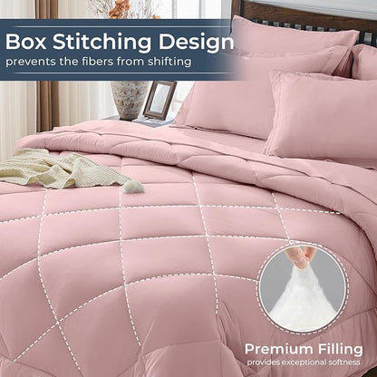 HEVUMYI Dusty Pink Twin Comforter Set - 5-Piece All Season Bed in a Bag Twin, Ultra Soft Bedding Set with Comforter, Flat Sheet, Fitted Sheet, Pillowcases, Pillow Shams