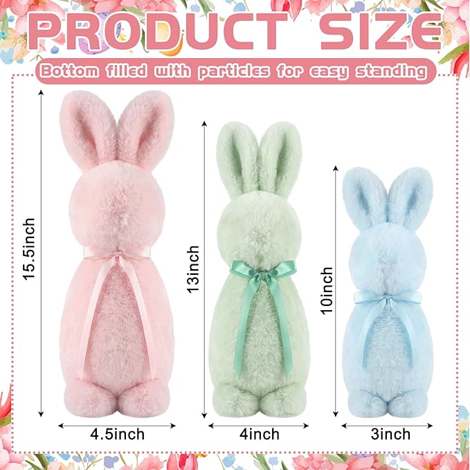Breling 3 Pcs Easter Decoration Bunny Throw Pillow Flocked Bunny Figurine with Bow Tie 16" 13" 10" Pastel Rabbit Sitting Pillow Cute Spring Plush Decor for Sofa Couch Living Bedroom Home Office Decor