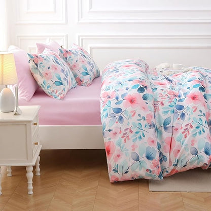MUXHOMO Pink Blue Branch Bed in a Bag King 7 Pieces, King Comforter Set Reversible Botanical Flowers Design, Ultra Soft & Breathable Bedding Sets with Comforter, Sheets, Pillowcases & Shams
