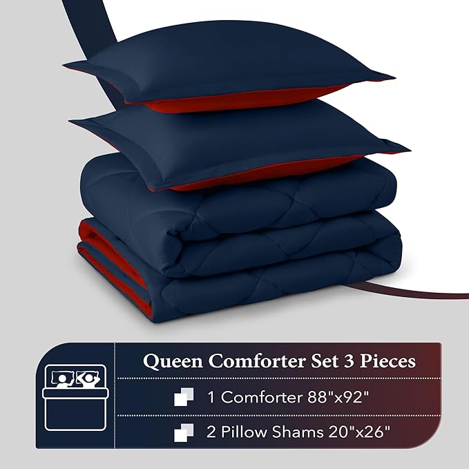 downluxe Queen Comforter Set - Red and Navy Queen Comforter, Soft Bedding Sets for All Seasons -3 Pieces - 1 Comforter (88"x92") and 2 Pillow Shams(20"x26")