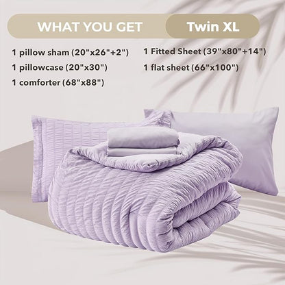 HYMOKEGE Lavender Twin XL Comforter Set Seersucker 5 Pieces, All Season Luxury Bed in a Bag for Bedroom, Bedding Set with Comforter, Sheets, Pillowcase & Sham