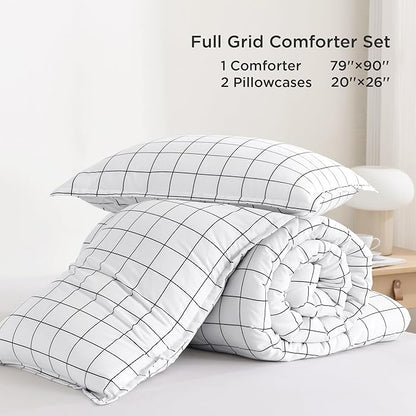 Andency Full Size Comforter Sets, White Gingham Plaid Grid Checkered Bedding Comforter Set for Teens Boys Girls Kids, 3 Pieces Lightweight Reversible Preppy Bedding Set(79x90 Inch)