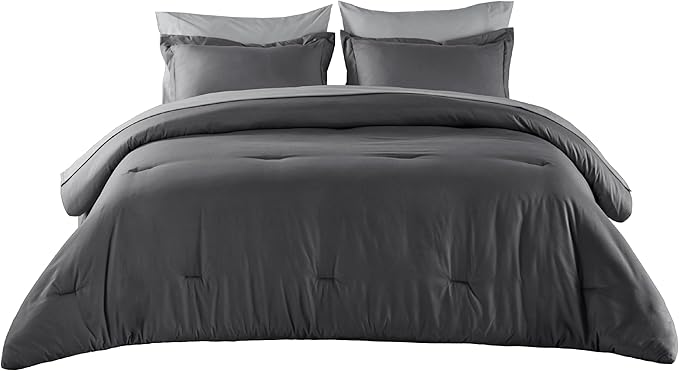 Bedsure King Size Comforter Set - 7 Pieces Dark Grey King Bedding Set for All Seasons, Boho Contrasting Design Bed in a Bag with Comforter, Sheets, Pillowcases & Shams