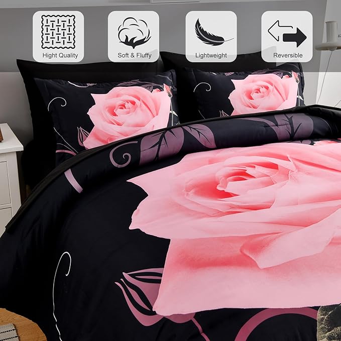 Xruibed Blush Comforter Set Queen 7 Piece Bed in a Bag Blush Rose Flower Comforter with Sheet Set Soft Micorfiber Bedding Set (1 Comforter,2 Pillow Shams,1 Flat Sheet,1 Fitted Sheet,2 Pillowcases)