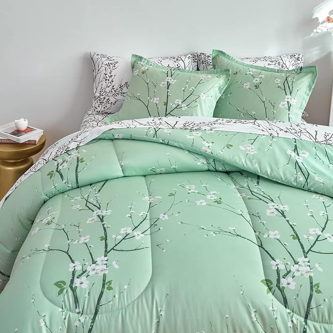 Green Comforter Sheet Set Bed in a Bag 7 Pieces Queen Size Tree Branch Bloom Flower Microfiber Reversible Bedding Set (1 Comforter 2 Pillow Shams 1 Flat Sheet 1 White Fitted Sheet 2 Pillowcases)