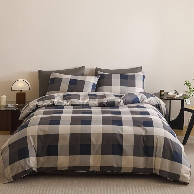 Cottonight Checkered Navy Comforter Set Queen Men Gingham Grid Bedding Set Navy and Khaki Grid Comforter Fluffy Soft Blanket Quilts Modern Cottagecore Comforter with 2 Pillowcases for Queen Bed