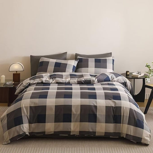 Cottonight Checkered Navy Comforter Set Queen Men Gingham Grid Bedding Set Navy and Khaki Grid Comforter Fluffy Soft Blanket Quilts Modern Cottagecore Comforter with 2 Pillowcases for Queen Bed