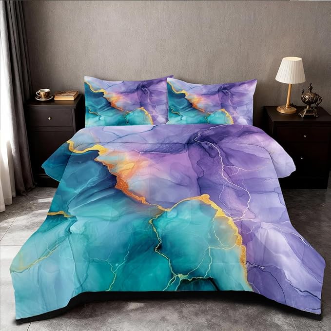 Blue Purple Marble Comforter Set Queen Size Teal Ombre Abstract Bedding Set Women Men Modern Aesthetic Comforters 3 Pieces Gold Marbling Art Bed Sets Soft Lightweight 90x90 Comforter Sets