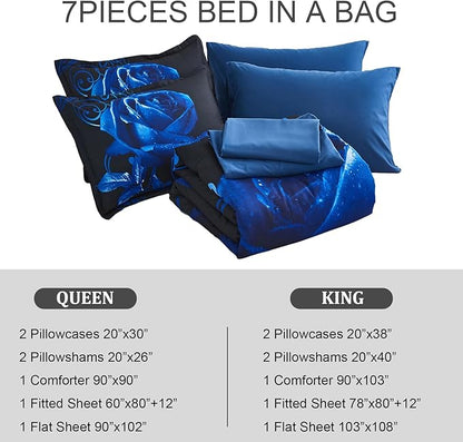 Xruibed Blue Comforter Set King 7 Piece Bed in a Bag Blue Rose Comforter with Sheet Set Soft Micorfiber Reversible Bedding Set (1 Comforter,2 Pillow Shams,1 Flat Sheet,1 Fitted Sheet,2 Pillowcases)
