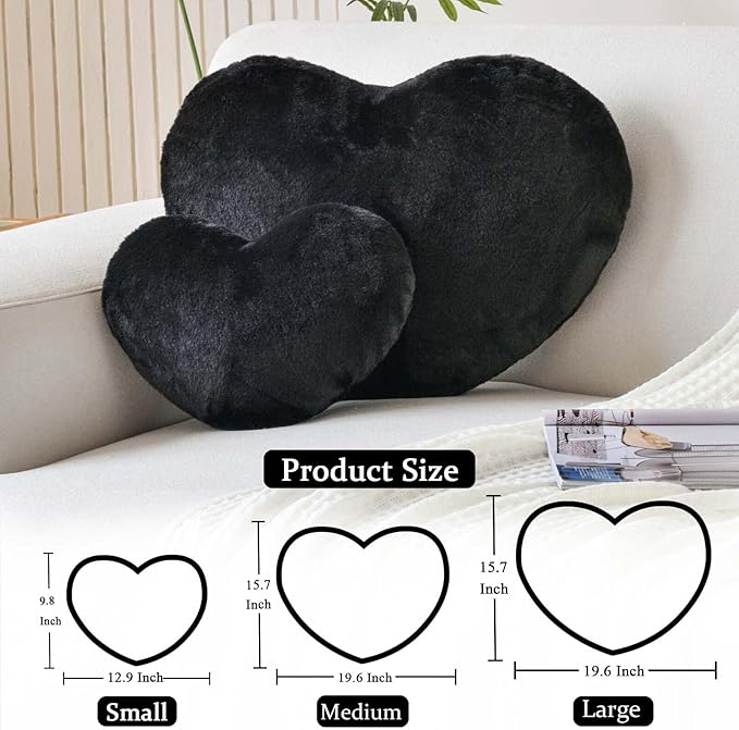 Black Heart Pillows, Cute Heart Decorative Pillow, Heart Shaped Throw Pillows for Bed, Faux Rabbit Fur Plush Hoom Decor Pillow Cushion for Chair Sofa Living Room (Mini 12.9" x 9.8")