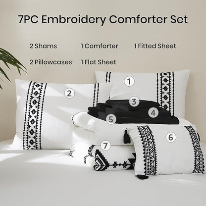 MaiRêve Embroidery Comforter Set, Boho Farmhouse Western Bedding Set, All Season Bed in A Bag Comforter Set with Sheets, Pillowcases & Shams, White Full 7 Pieces